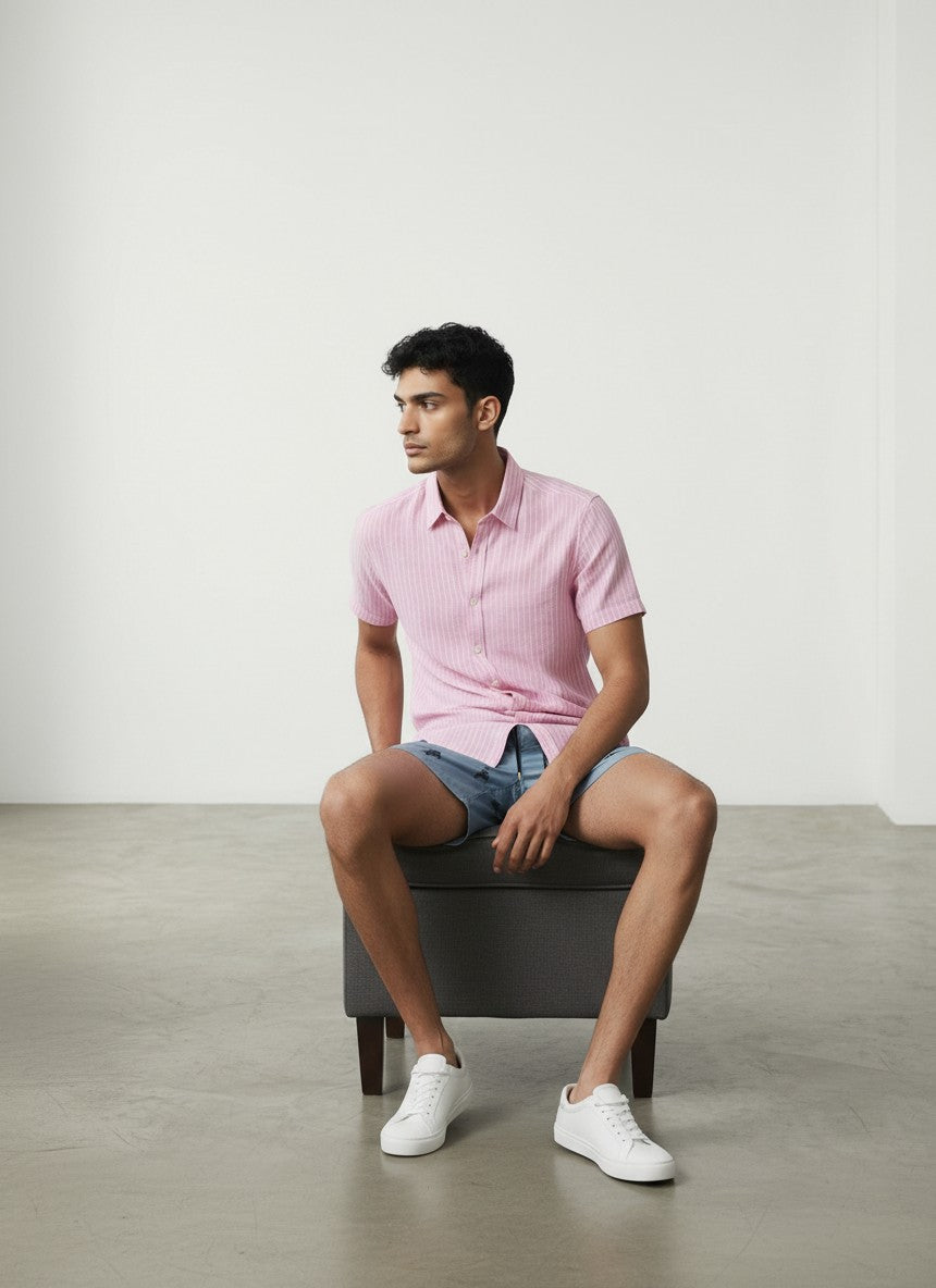 Juanjo Linen Shirt Short Sleeve Pink Stripe